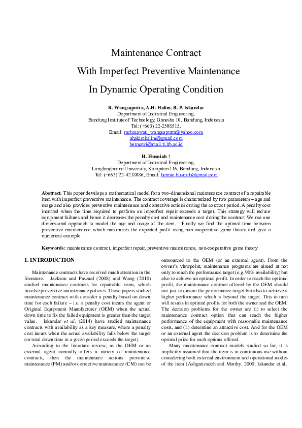 (PDF) Maintenance Contract With Imperfect Preventive Maintenance