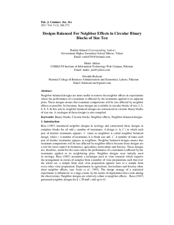 (PDF) Designs balanced for neighbor effects in circular blocks of size six
