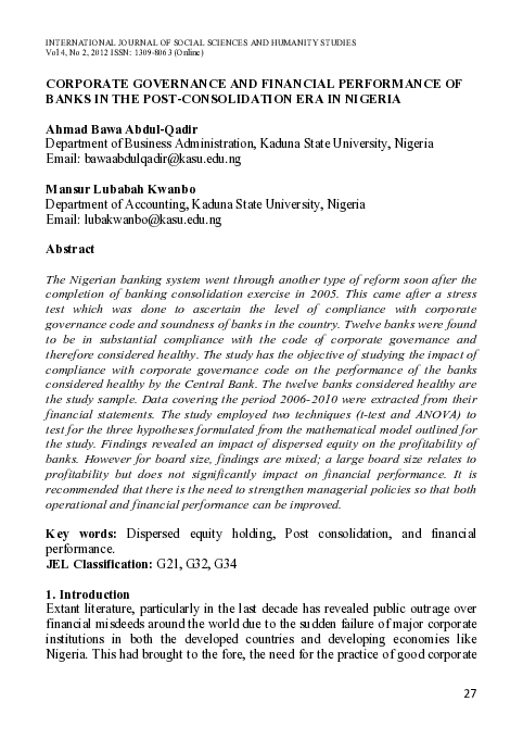 (PDF) Corporate Governance and Financial Performance of Banks in the ...