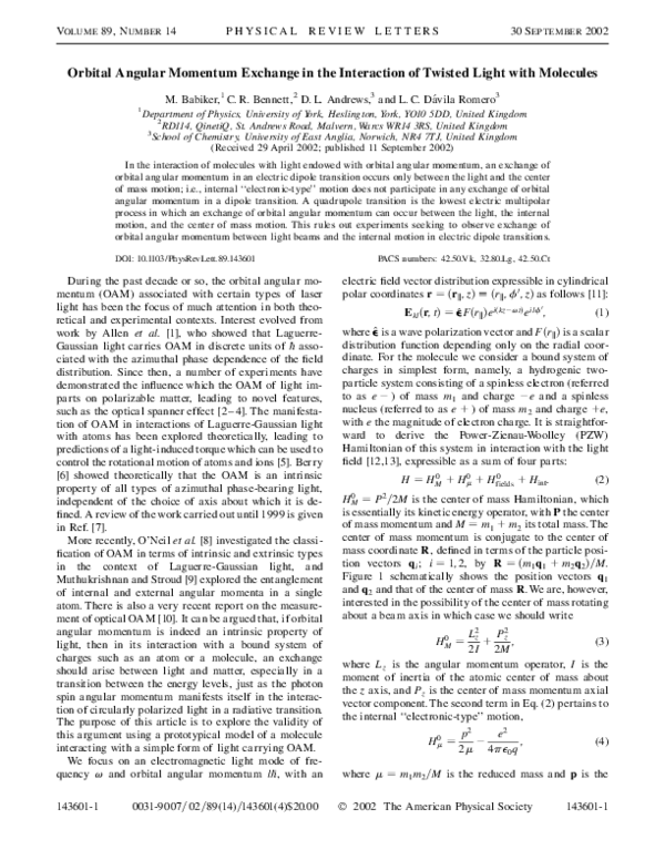(PDF) Orbital Angular Momentum Exchange in the Interaction of Twisted ...