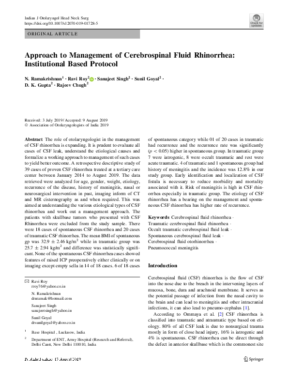 (PDF) Approach to Management of Cerebrospinal Fluid Rhinorrhea ...