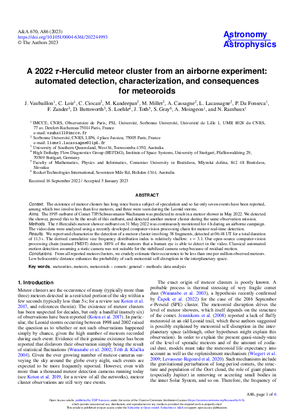 (PDF) A 2022 τ-Herculid meteor cluster from an airborne experiment ...
