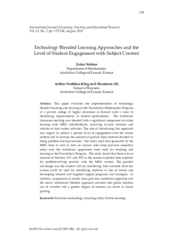 (PDF) Technology Blended Learning Approaches and the Level of Student ...