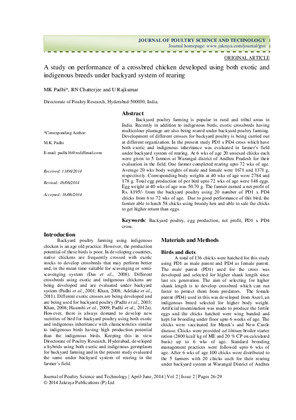 (PDF) A study on performance of a crossbred chicken developed using ...