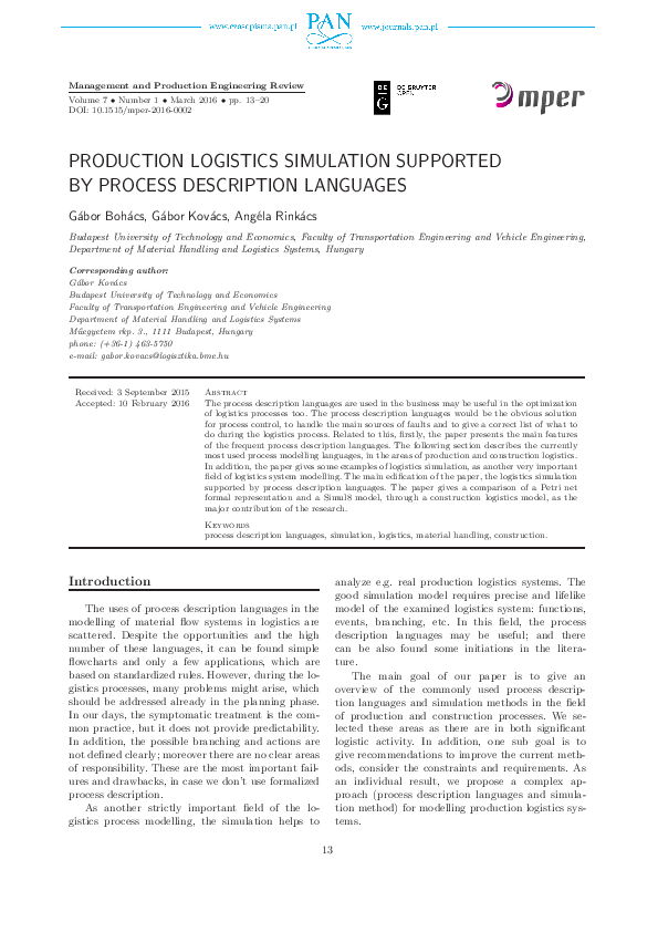 (PDF) Production Logistics Simulation Supported by Process Description ...