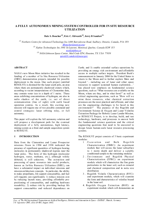 (PDF) A Fully Autonomous Mining System Controller for In Situ Resource ...