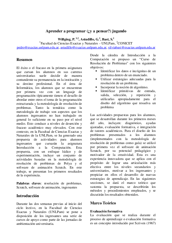 (PDF) Aprender a programar (¿y a pensar?) jugando