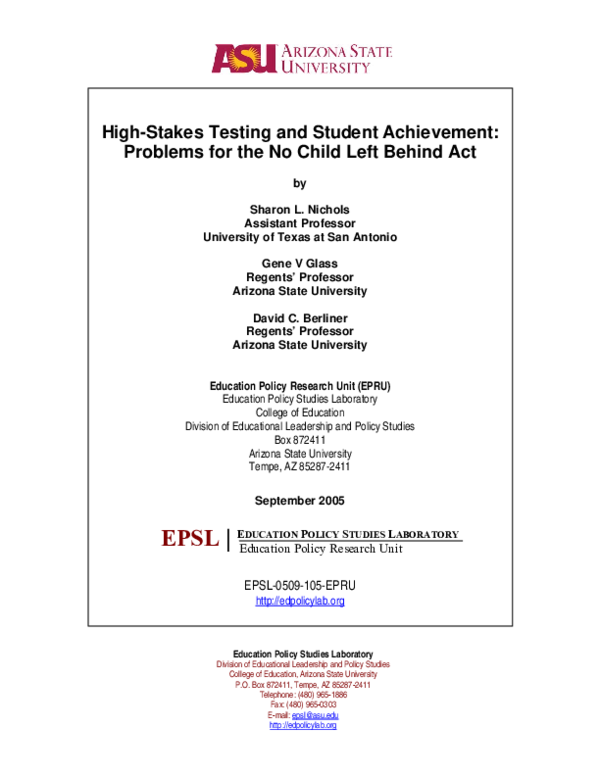 (PDF) High-stakes testing and student achievement: Problems for the No ...