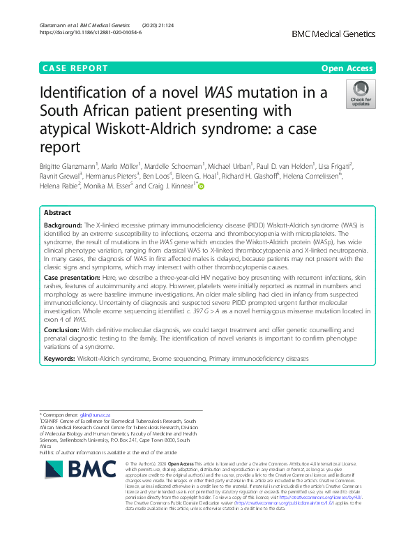(PDF) Identification of a novel WAS mutation in a South African patient ...