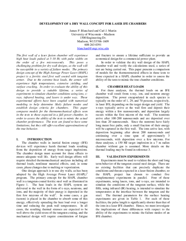 (PDF) Development of a Dry Wall Concept for Laser IFE Chambers