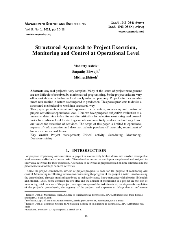(PDF) Structured Approach to Project Execution, Monitoring and Control ...