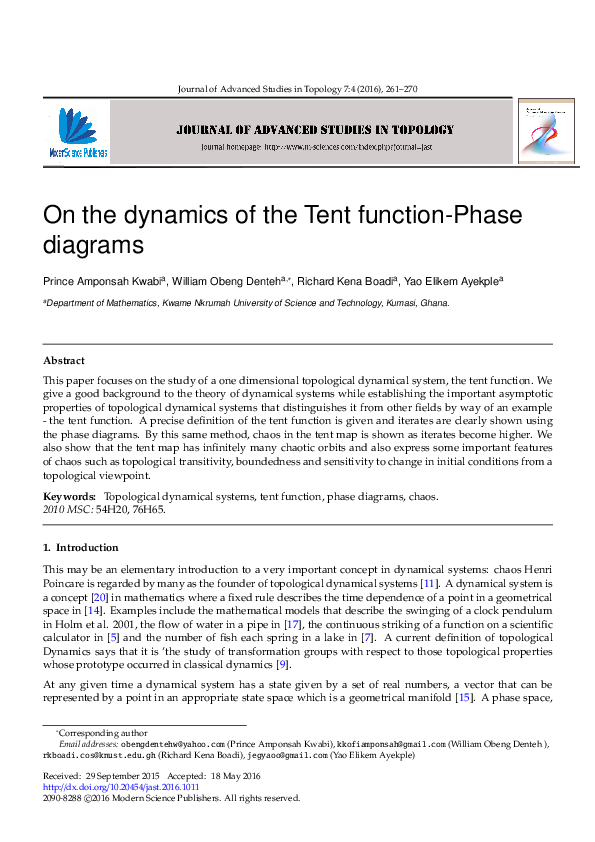 (PDF) On the dynamics of the Tent function-Phase diagrams