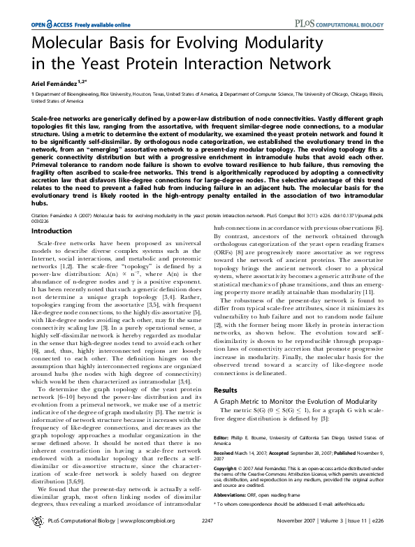 (PDF) Molecular Basis for Evolving Modularity in the Yeast Protein ...