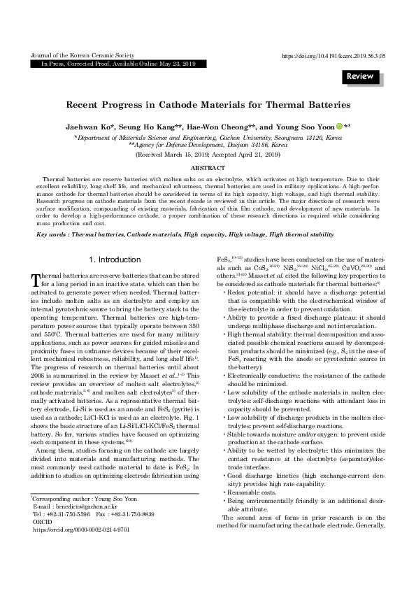 (PDF) Recent Progress in Cathode Materials for Thermal Batteries