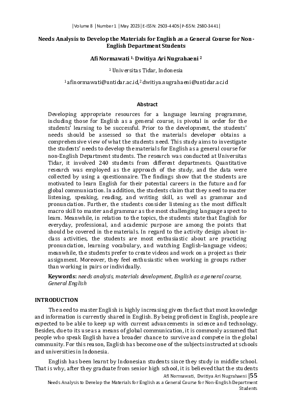 (PDF) Needs Analysis to Develop the Materials for English as a General ...