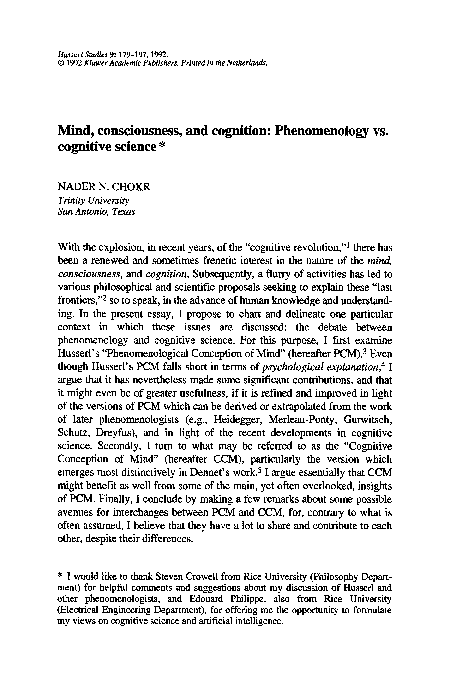 (PDF) Mind, consciousness, and cognition: Phenomenology vs. cognitive ...