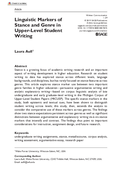 (PDF) Linguistic Markers of Stance and Genre in Upper-Level Student Writing