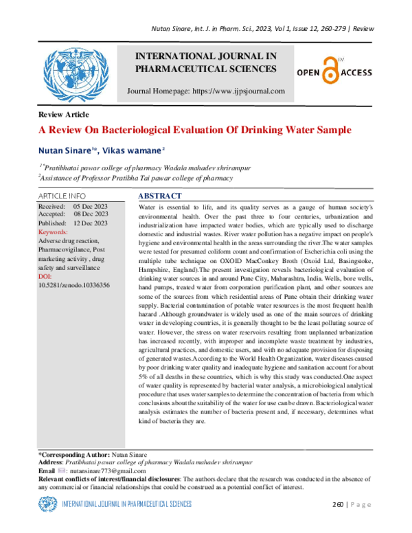 (PDF) A Review On Bacteriological Evaluation Of Drinking Water Sample