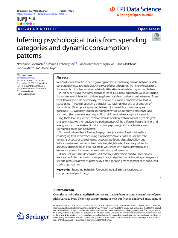 (PDF) Inferring psychological traits from spending categories and ...