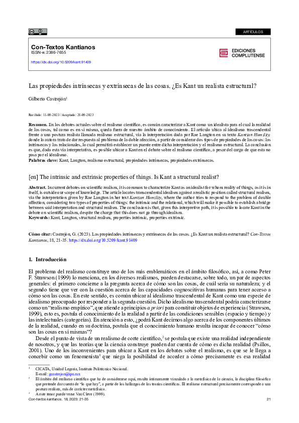 (PDF) Las propiedades intrínsecas y extrínsecas de las cosas. ¿Es Kant ...