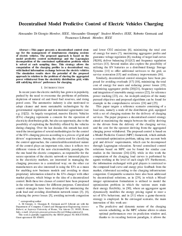 (PDF) Decentralised Model Predictive Control of Electric Vehicles Charging