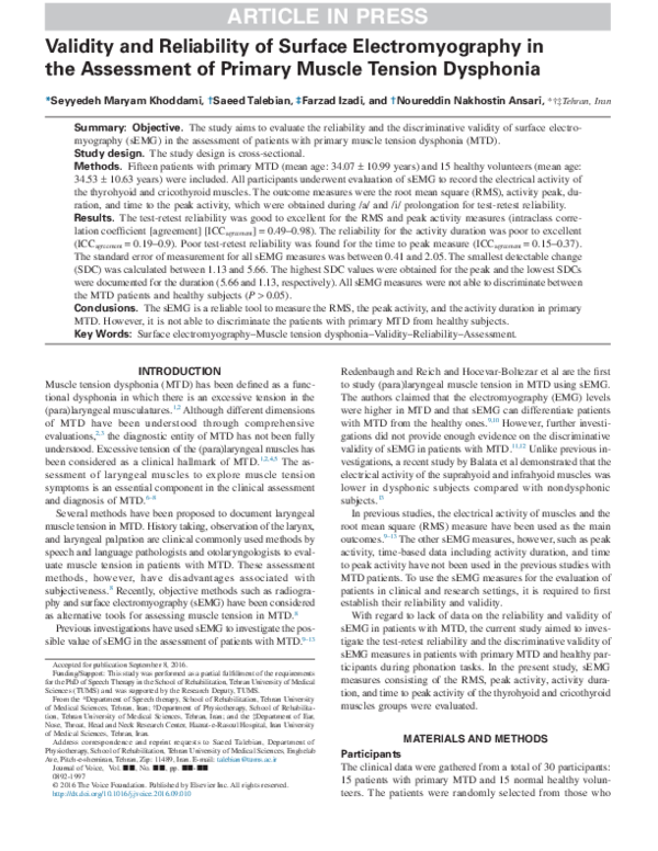 (PDF) Validity and Reliability of Surface Electromyography in the ...