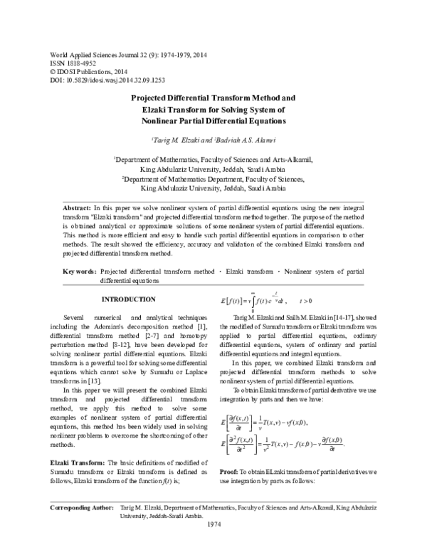 (PDF) Projected Differential Transform Method and Elzaki Transform for ...