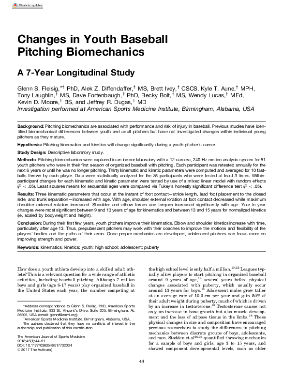 (PDF) Changes in Youth Baseball Pitching Biomechanics: A 7-Year ...