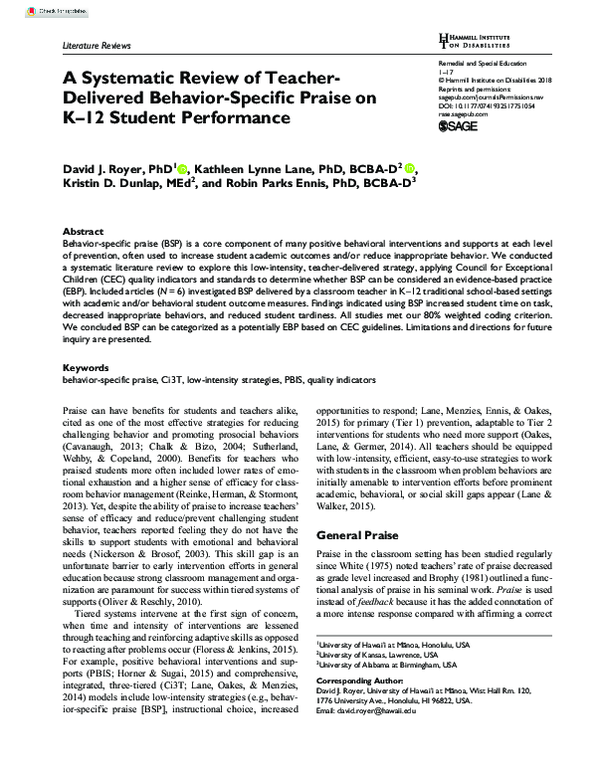 (PDF) A Systematic Review of Teacher-Delivered Behavior-Specific Praise ...