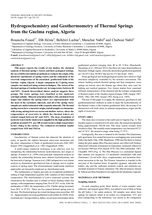 (PDF) Hydrogeochemistry and geothermometry of thermal water from north ...