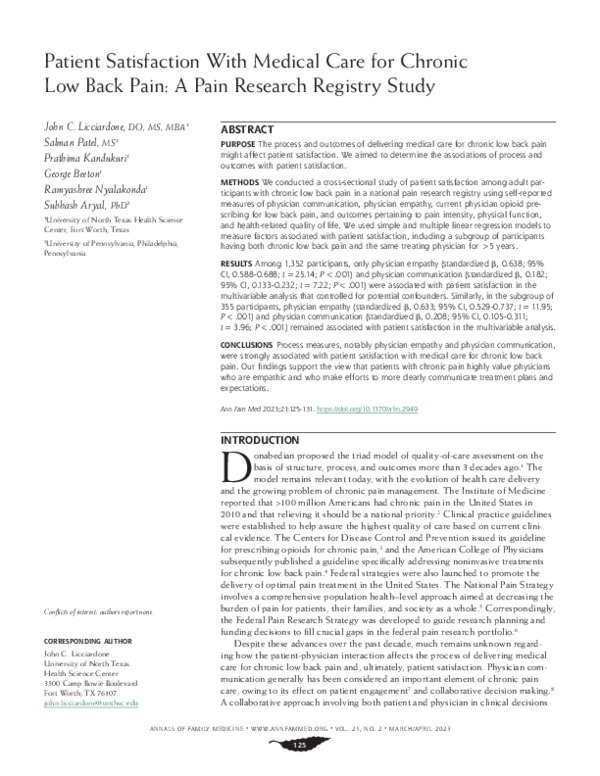 (PDF) Patient Satisfaction With Medical Care for Chronic Low Back Pain ...