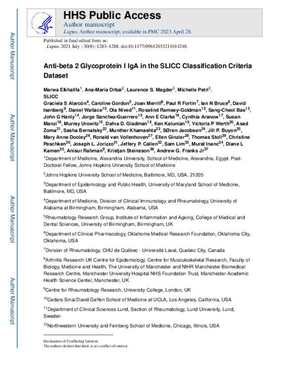 (PDF) Anti-beta 2 glycoprotein I IgA in the SLICC classification ...