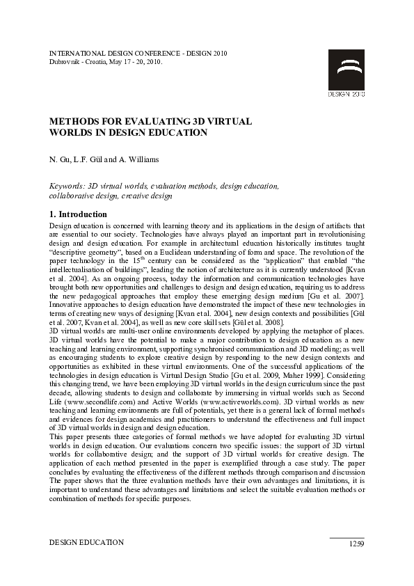 (PDF) Methods for Evaluating 3D Virtual Worlds in Design Education