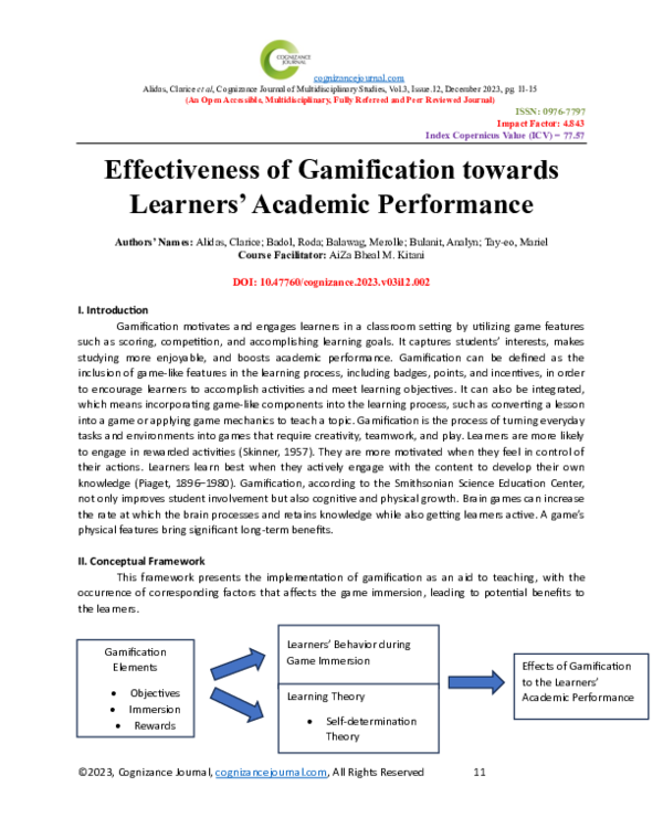 (PDF) Effectiveness of Gamification towards Learners’ Academic Performance