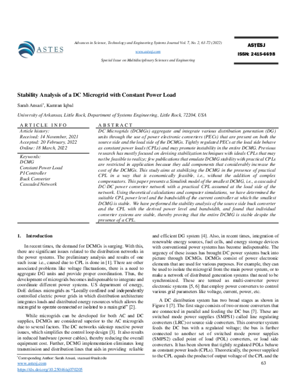 (PDF) Stability Analysis of a DC Microgrid with Constant Power Load