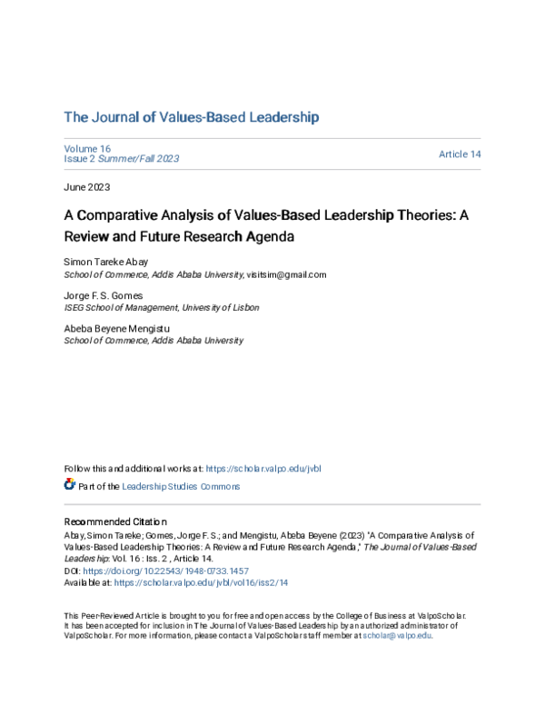 (PDF) A Comparative Analysis of Values-Based Leadership Theories: A ...