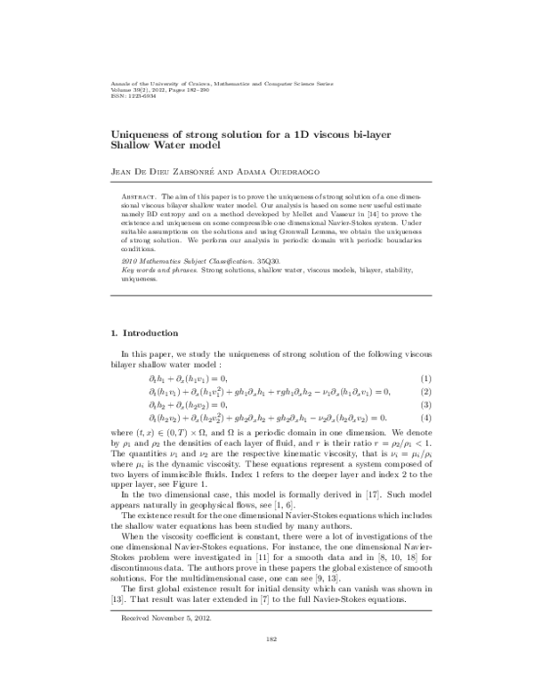 (PDF) Uniqueness of strong solution for a 1D viscous bi-layer Shallow ...