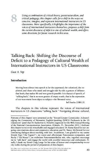 (PDF) Talking Back: Shifting the Discourse of Deficit to a Pedagogy of ...