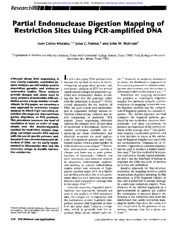 Partial endonuclease digestion mapping of restriction sites using PCR-amplified DNA