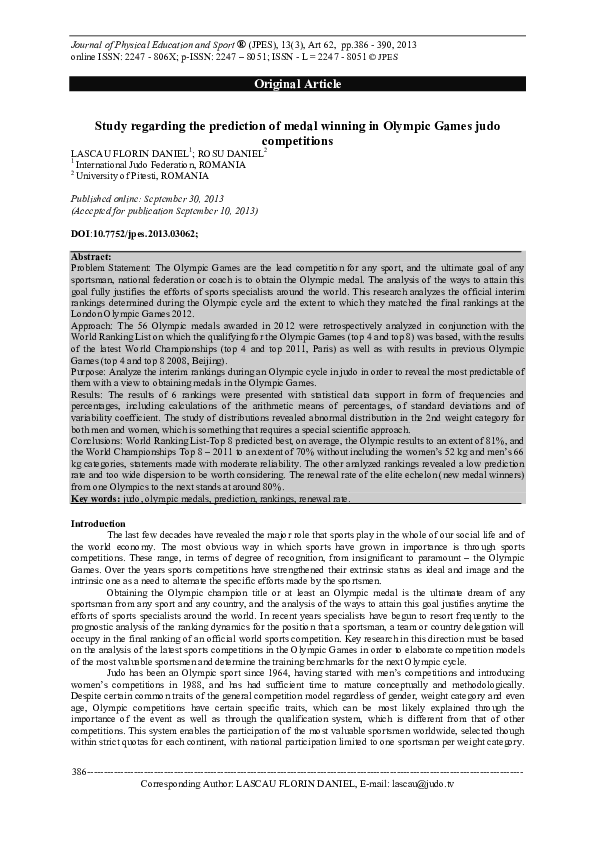 (PDF) Study regarding the Prediction of Medal Winning in Olympic Games ...