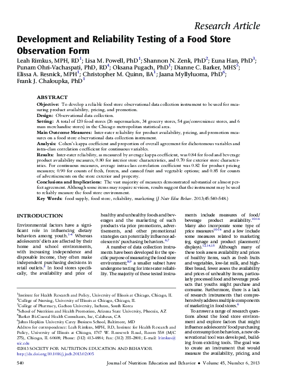 (PDF) Development and Reliability Testing of a Food Store Observation Form