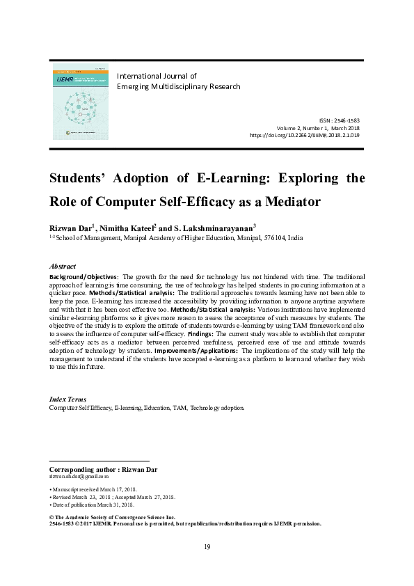 (PDF) Students’ Adoption of E-Learning : Exploring the Role of Computer ...