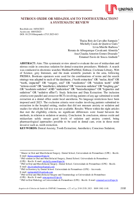 (PDF) Nitrous Oxide or Midazolam to Tooth Extraction? A Systematic Review