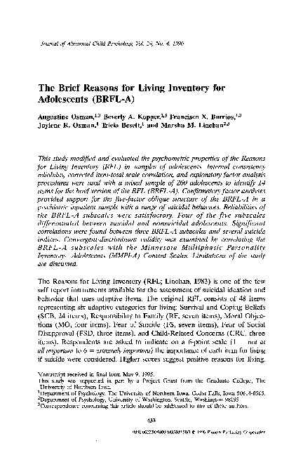 (PDF) The brief Reasons for Living Inventory for adolescents (BRFL-A)