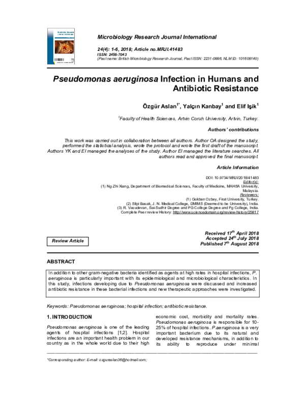 (PDF) Pseudomonas aeruginosa Infection in Humans and Antibiotic Resistance