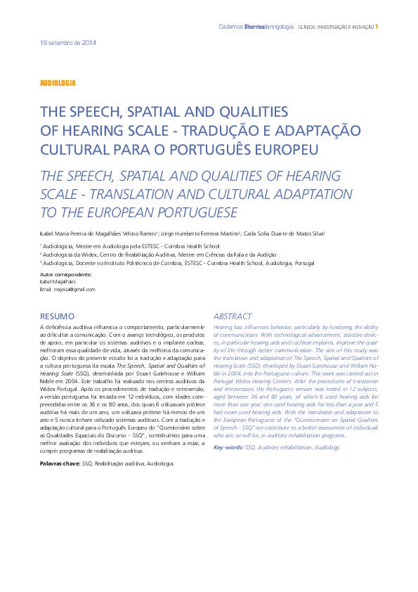 (PDF) The Speech, Spatial and Qualities of Hearing Scale – Tradução e ...