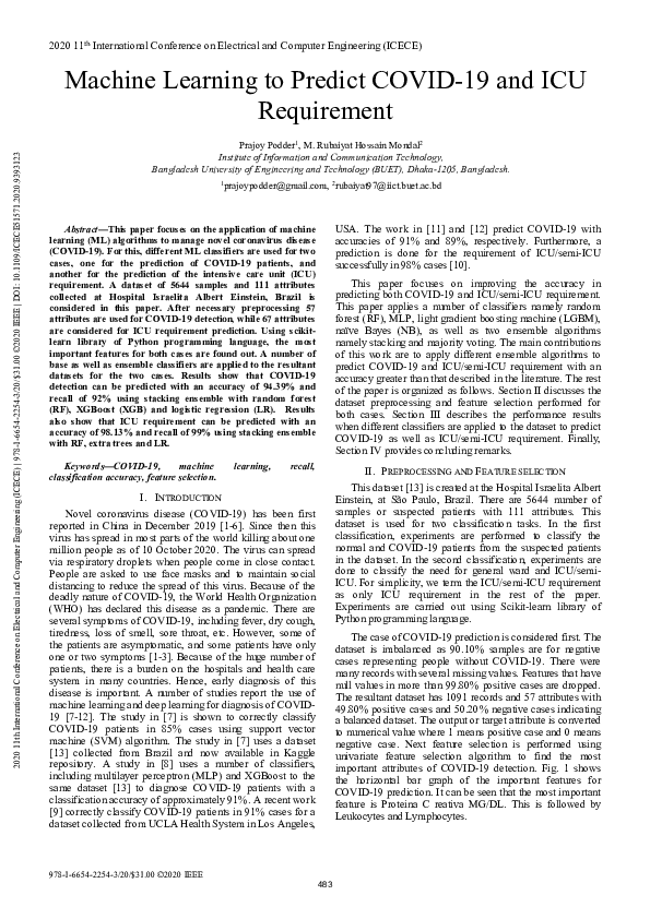 (PDF) Machine Learning to Predict COVID-19 and ICU Requirement