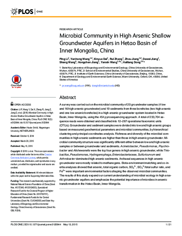 (PDF) Microbial community in high arsenic shallow groundwater aquifers ...