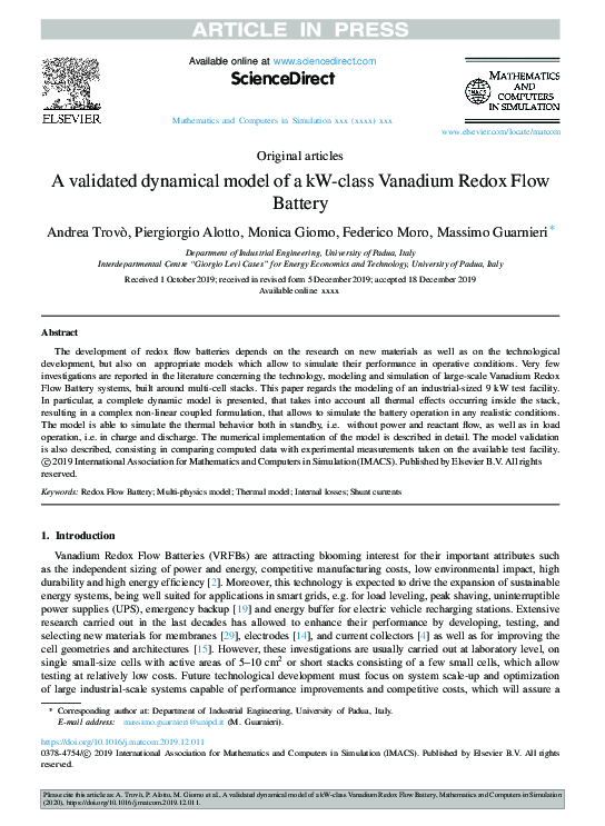 (PDF) A validated dynamical model of a kW-class Vanadium Redox Flow Battery