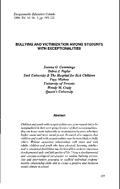 (PDF) Bullying and victimization among students with exceptionalities